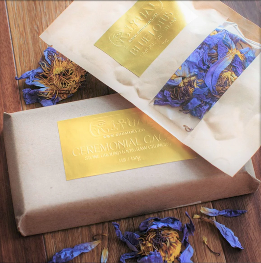 Bloque de Cacao Ceremonial de 1 Libra + 1 Paquete de Flores de Loto Azul